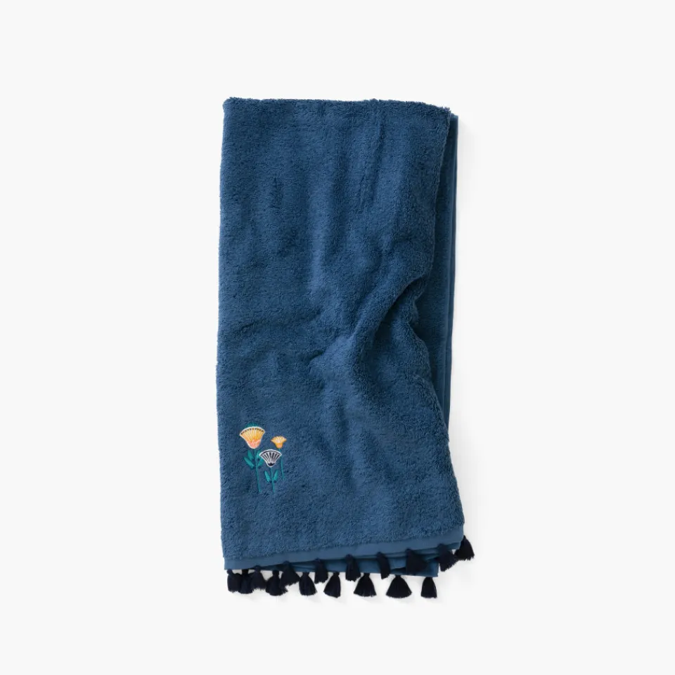Carré Blanc Drap de bain coton Papyrus bleu d'Egypte| Draps De Bain