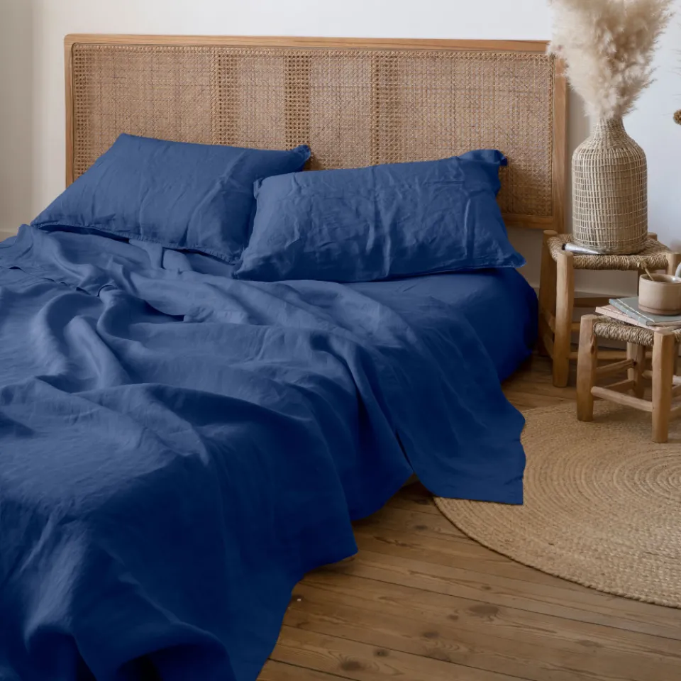 Carré Blanc Drap de lit lin lavé Songe bleu de chine| Draps De Lit
