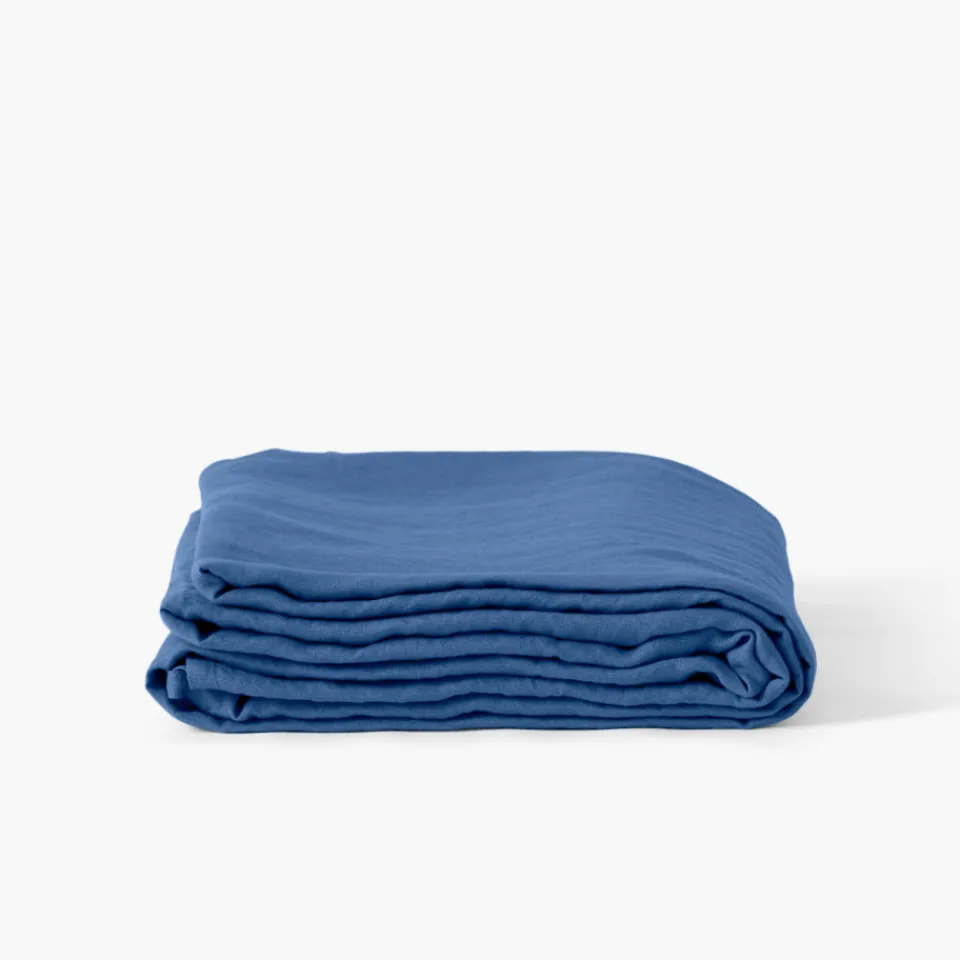Carré Blanc Drap de lit lin lavé Songe bleu de chine| Draps De Lit