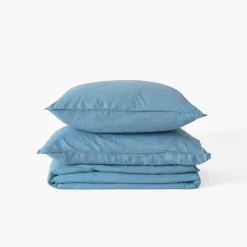 Carré Blanc Drap de lit lin lavé Songe bleu baltique| Draps De Lit