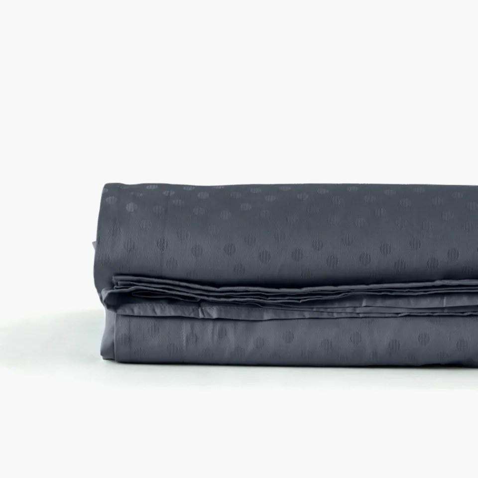 Carré Blanc Drap de lit satin de coton jacquard pois et rayures Prestige bleu nuit| Draps De Lit