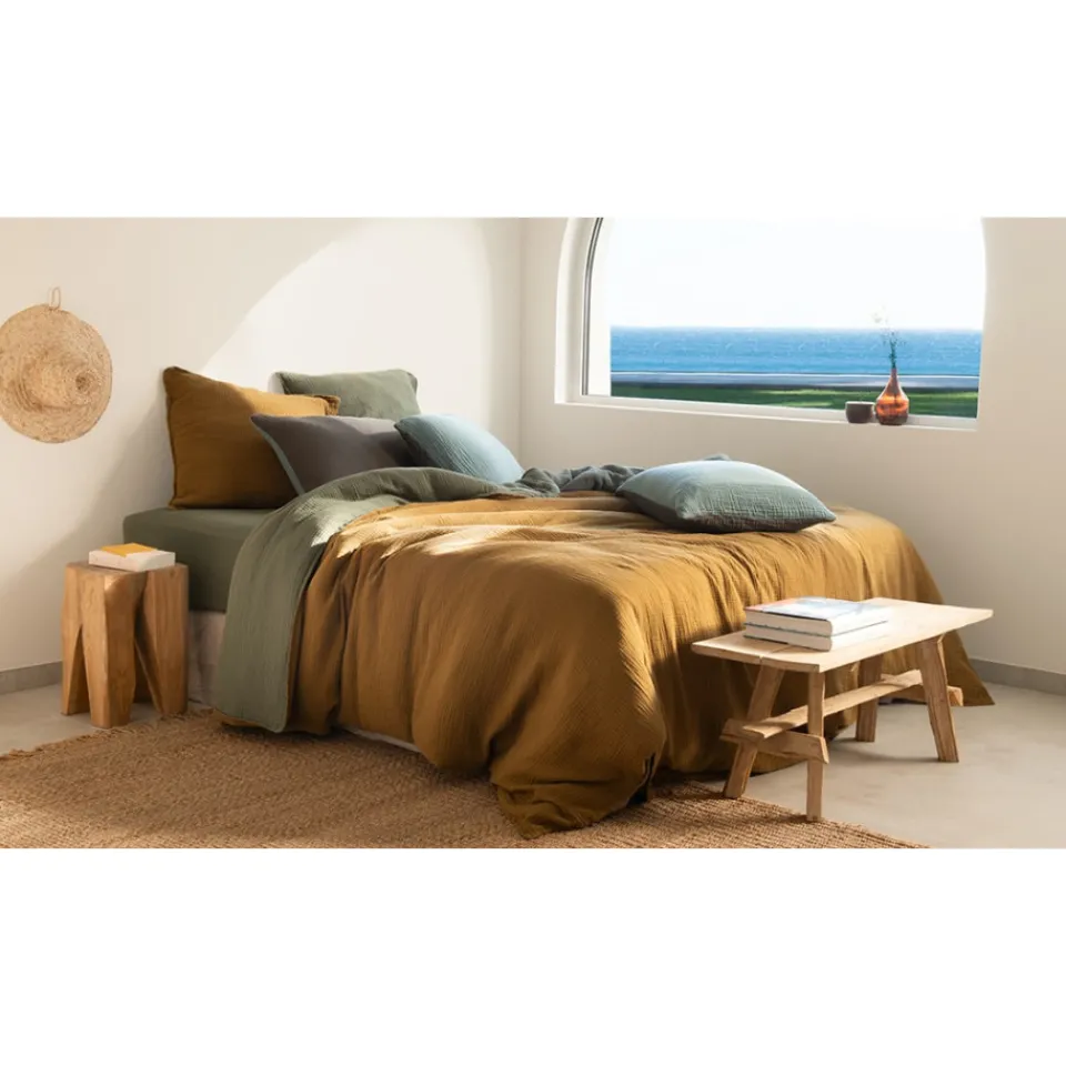Carré Blanc Drap housse gaze de coton Infini kaki et céladon|Femme Coffrets Cadeaux|Coffrets Cadeaux