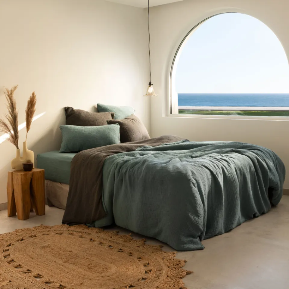 Carré Blanc Drap housse gaze de coton Infini kaki et céladon|Femme Coffrets Cadeaux|Coffrets Cadeaux