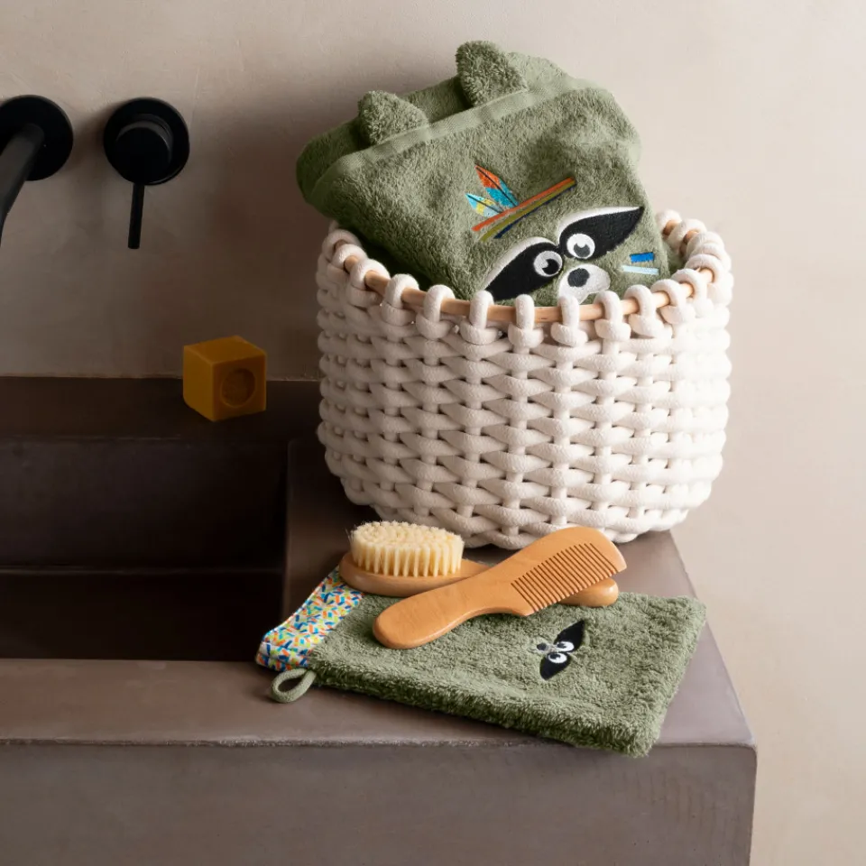 Carré Blanc Gant de toilette Playful kaki|Enfant Gants De Toilette
