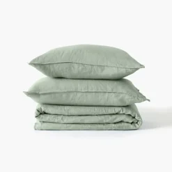 Carré Blanc Housse de couette lin et coton lavé Songe eucalyptus| Housses De Couette
