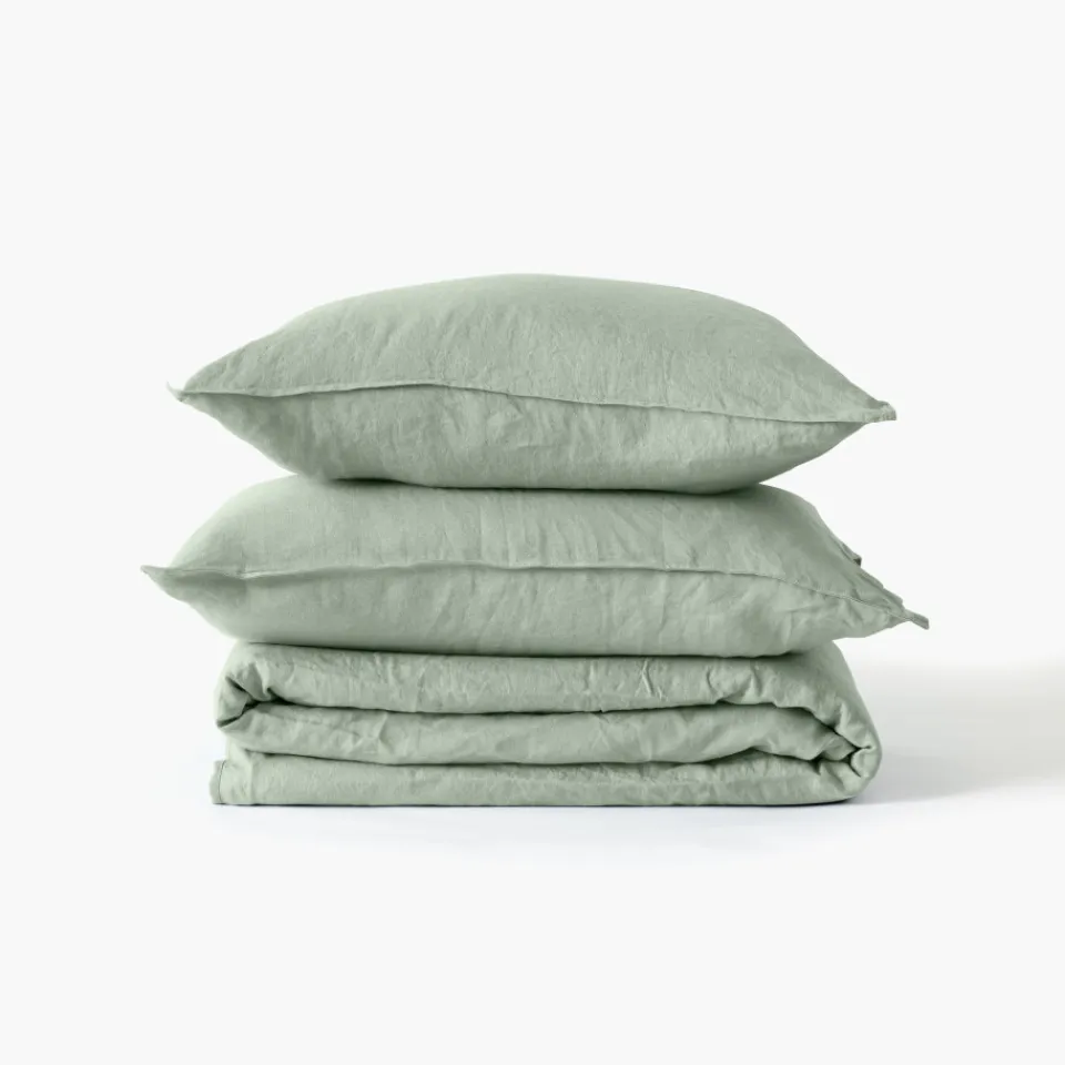Carré Blanc Housse de couette lin et coton lavé Songe eucalyptus| Housses De Couette