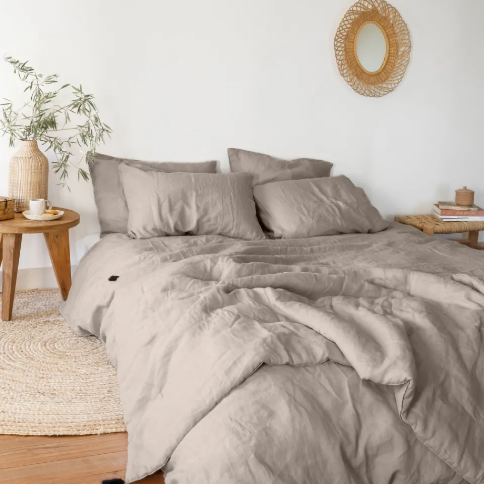 Carré Blanc Housse de couette lin et coton lavé Songe grège| Housses De Couette