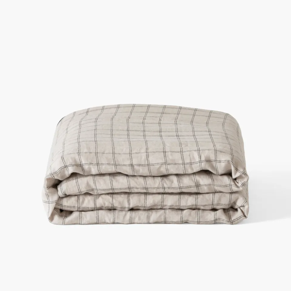 Carré Blanc Housse de couette lin et coton lavé Songe charbon carreaux| Housses De Couette