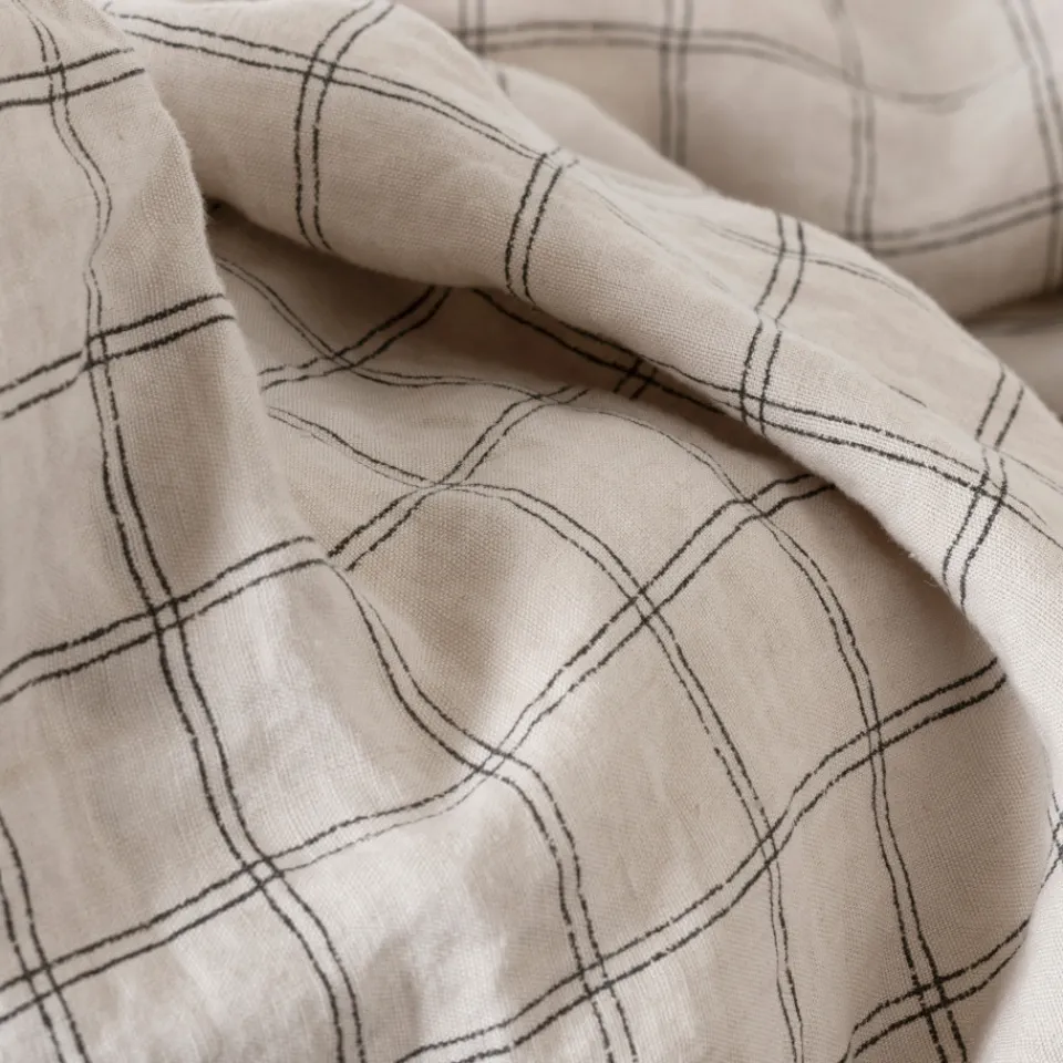 Carré Blanc Housse de couette lin et coton lavé Songe charbon carreaux| Housses De Couette