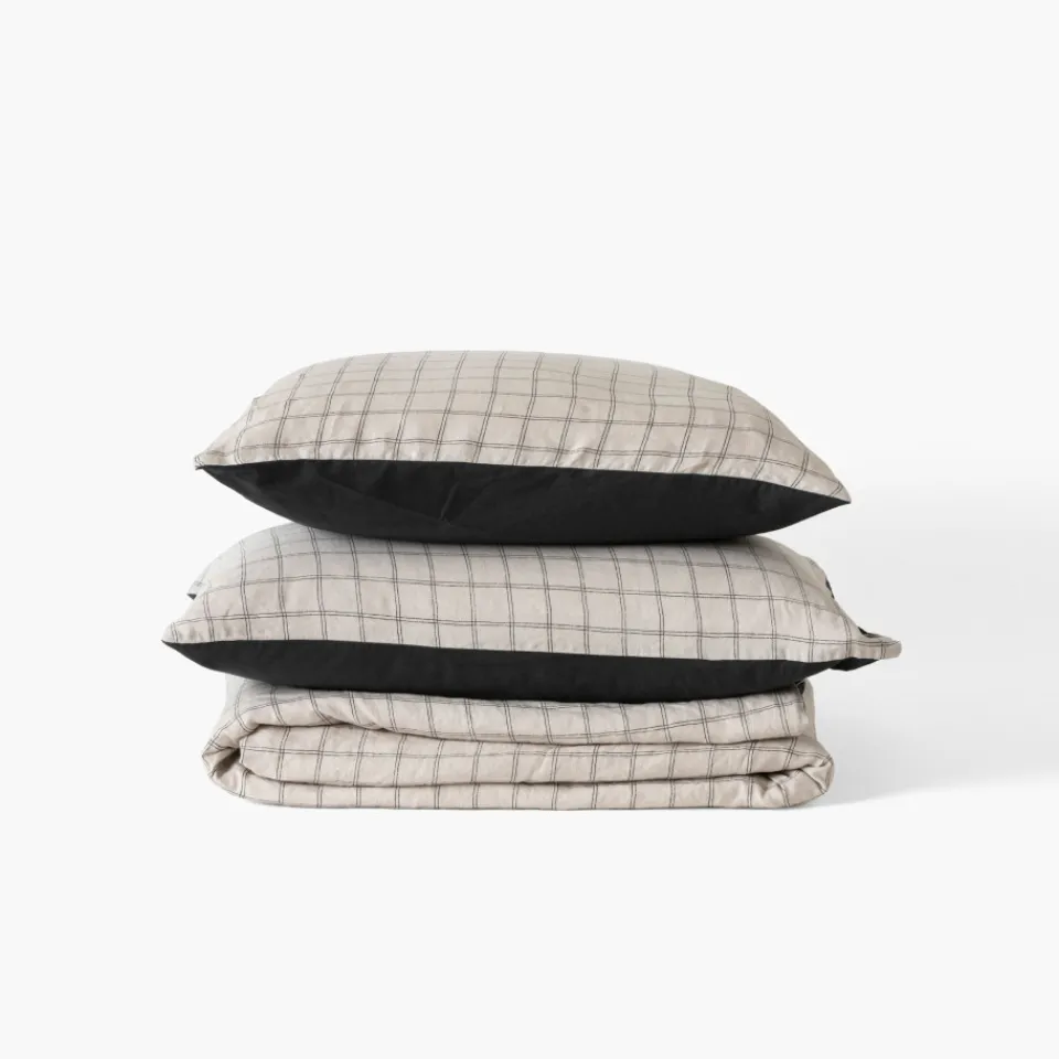 Carré Blanc Housse de couette lin et coton lavé Songe charbon carreaux| Housses De Couette