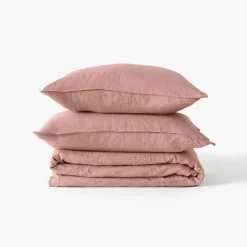 Carré Blanc Housse de couette lin et coton lavé Songe rose cendré| Housses De Couette
