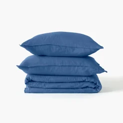 Carré Blanc Housse de couette lin et coton lavé Songe bleu de chine| Housses De Couette