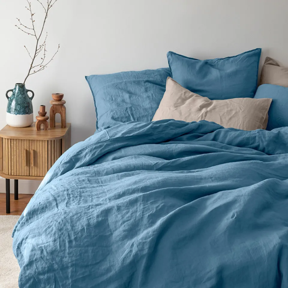 Carré Blanc Housse de couette lin et coton lavé Songe bleu baltique| Housses De Couette