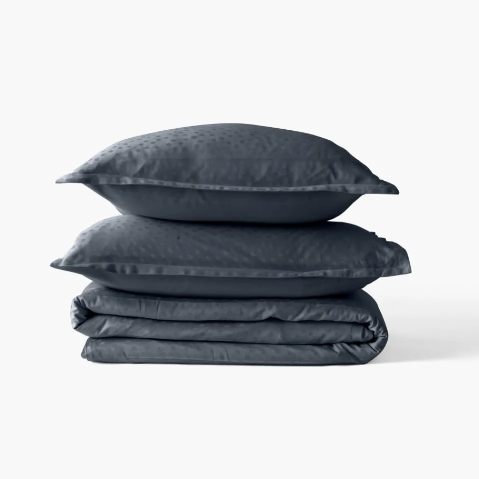 Carré Blanc Housse de couette satin de coton jacquard pois et rayures Prestige bleu nuit| Housses De Couette