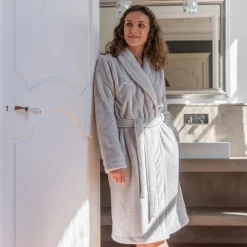 Carré Blanc Robe de chambre polaire col châle femme Equinoxe tourterelle|Femme Coffrets Cadeaux|Robes De Chambre Femme