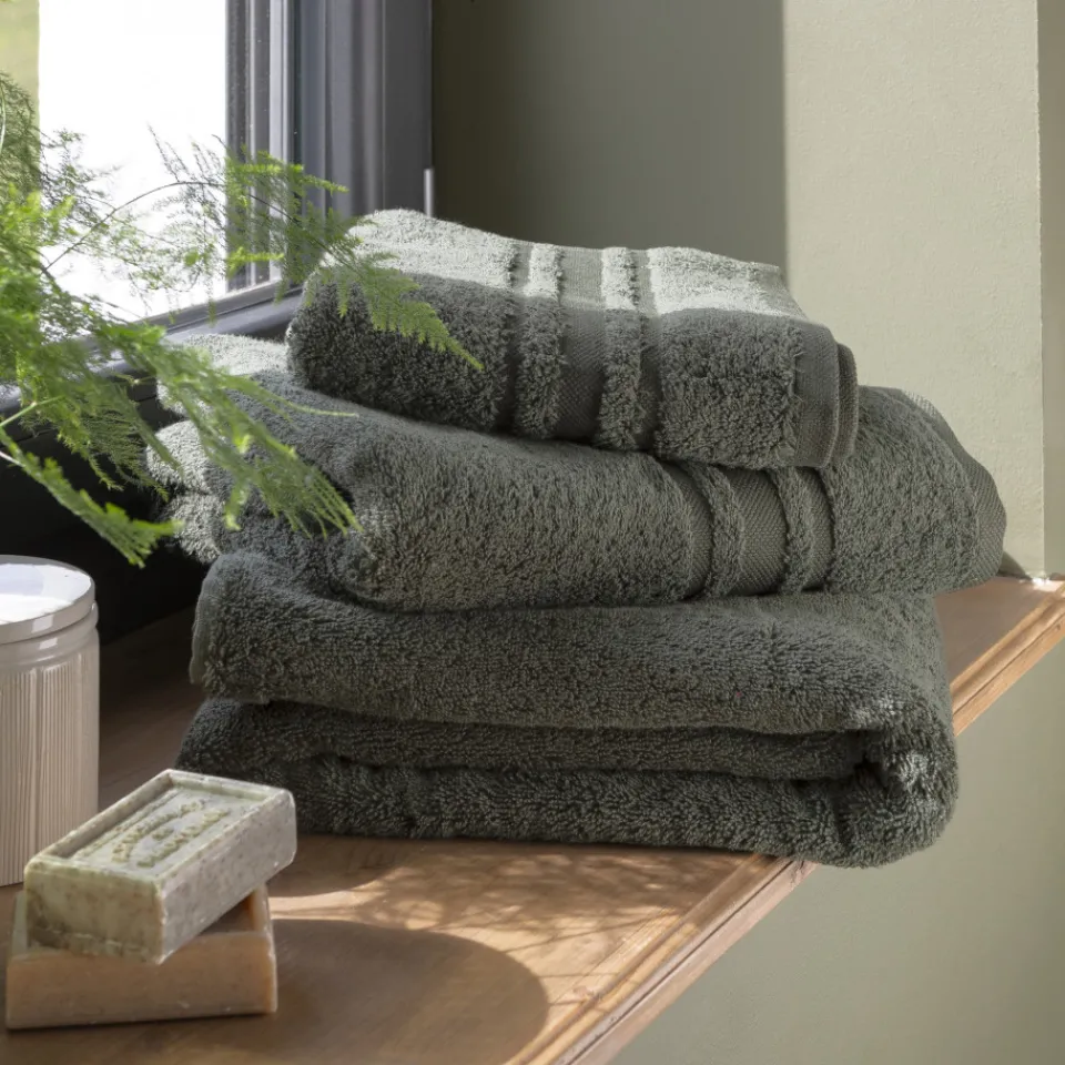 Carré Blanc Serviette de toilette coton Lola II vert kaki| Serviettes De Toilette
