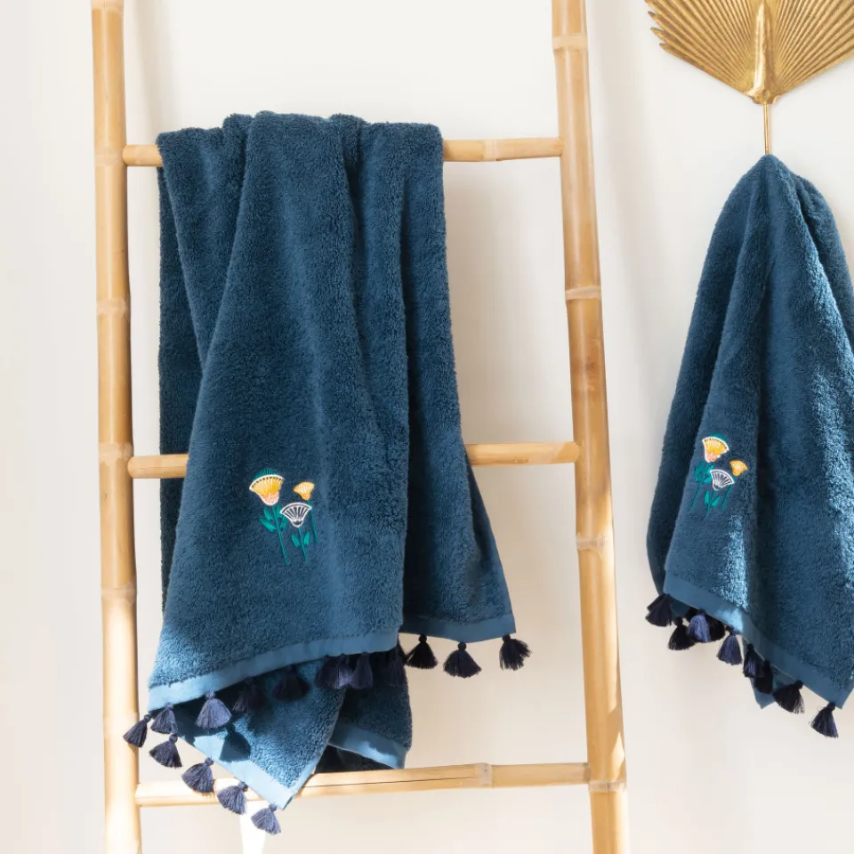 Carré Blanc Serviette de toilette coton Papyrus bleu d'Egypte| Serviettes De Toilette