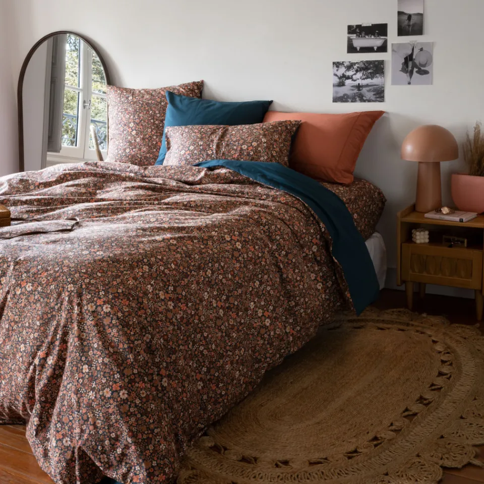 Carré Blanc Taie d'oreiller carrée percale de coton Neo bleu prusse floral| Taies D’oreiller