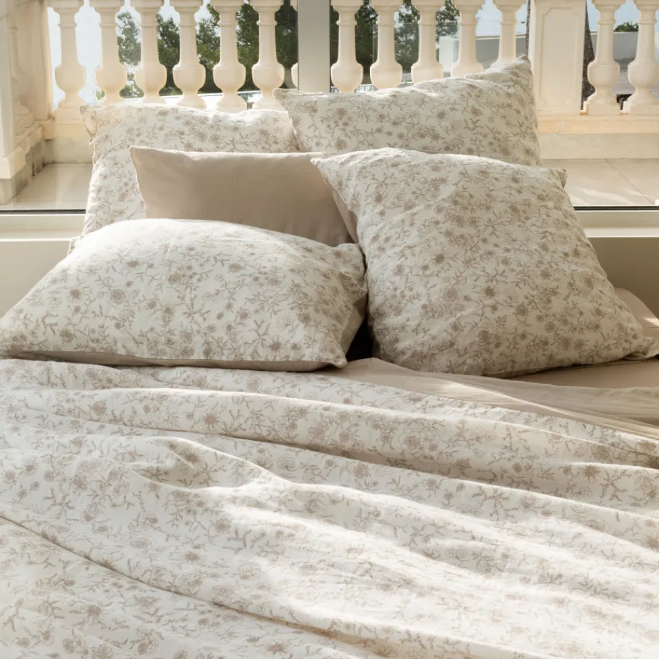 Carré Blanc Taie d'oreiller rectangulaire lin et coton lavé Songe grège floral| Taies D’oreiller