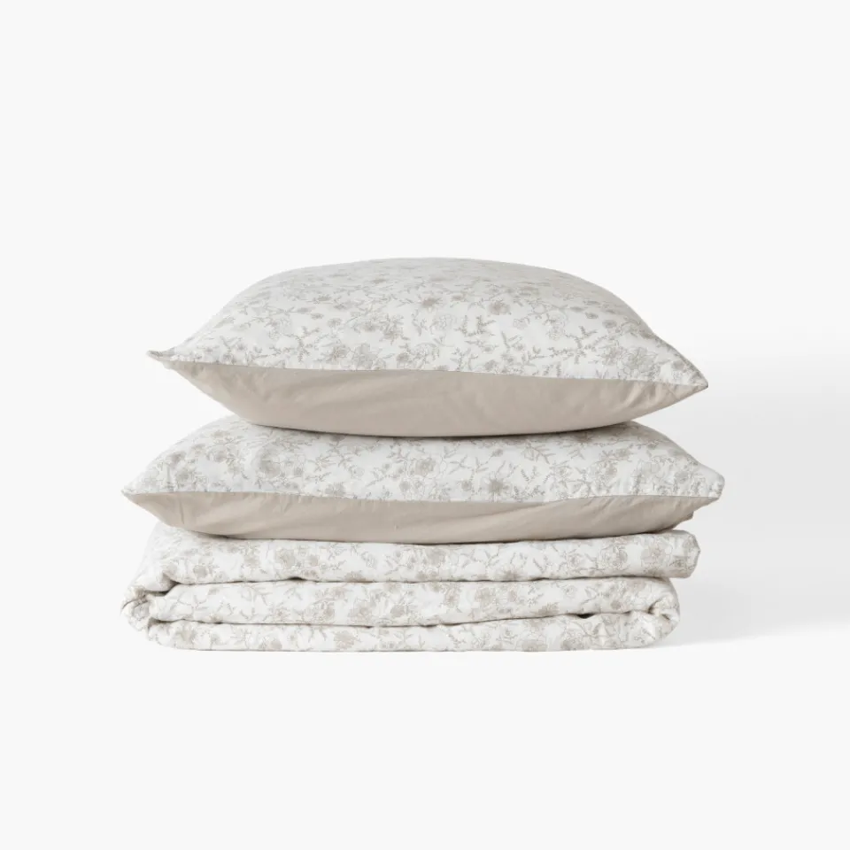 Carré Blanc Taie d'oreiller rectangulaire lin et coton lavé Songe grège floral| Taies D’oreiller